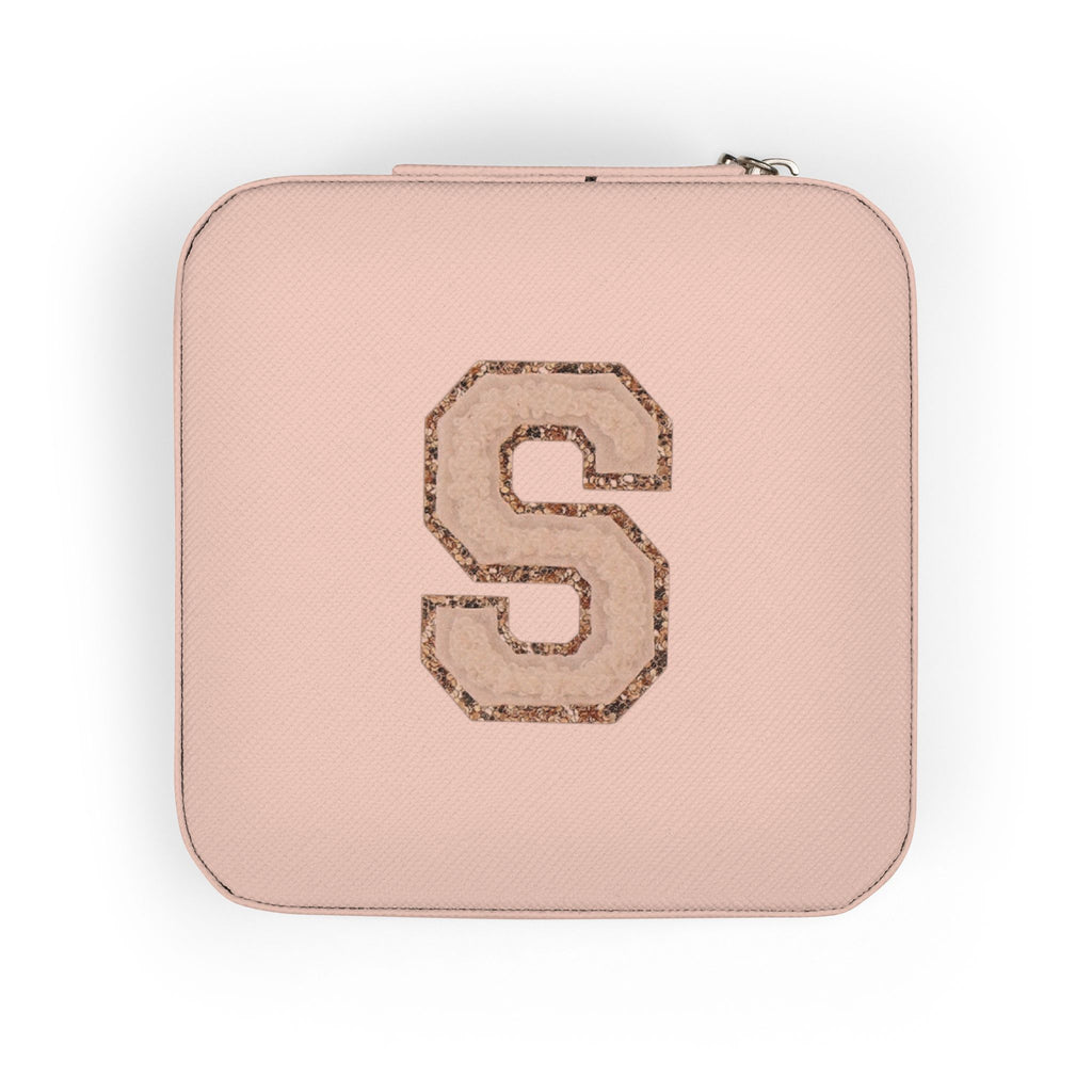 Monogram S Jewelry Travel Case — Compact Pink Velvet Organizer for Rings, Earrings & Necklaces