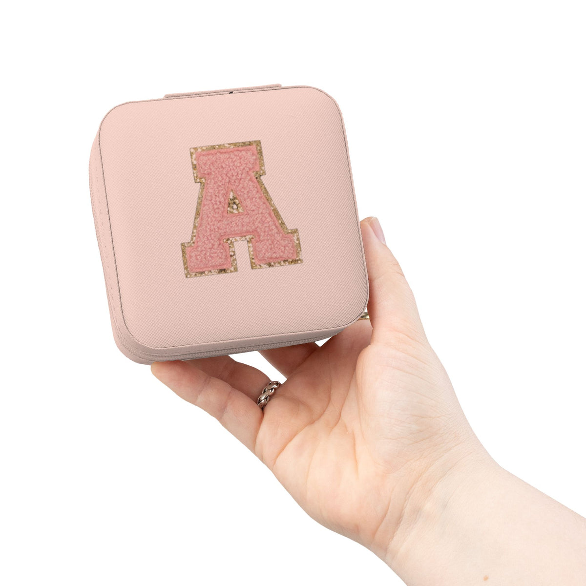 Monogram Travel Jewelry Case — Compact Pink Jewelry Organizer with 'A' Initial
